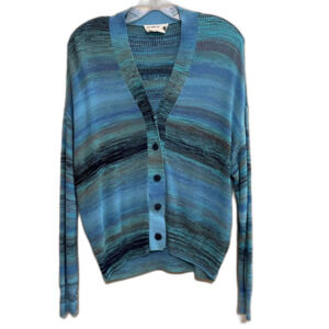 Back Beat Co Cardigan Sweater Womens M/L Blue Striped Viscose Made in USA